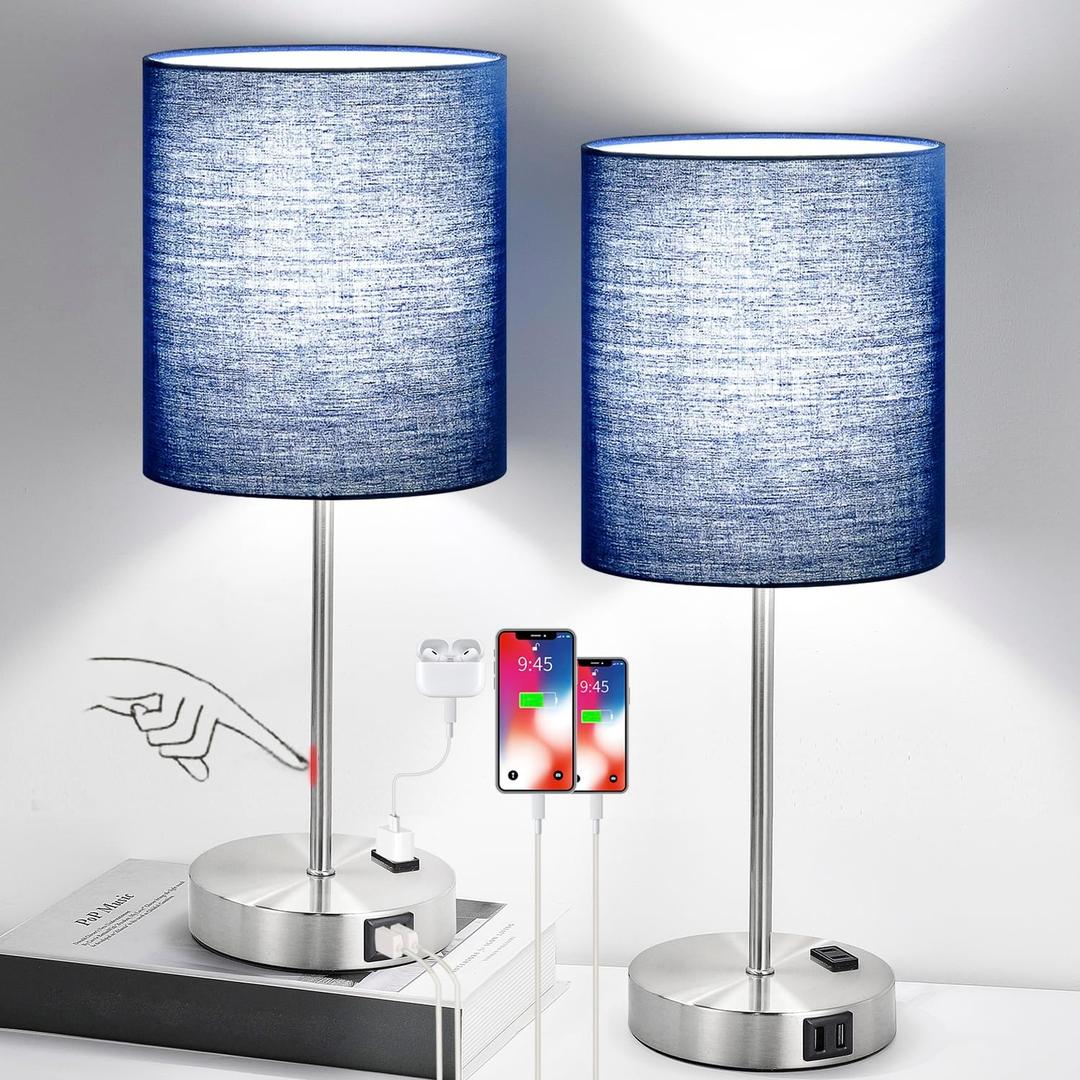 Set of 2 Touch Control Table Lamps with 2 USB & AC Outlet, 3-Way Dimmable Bedside Nightstand Lamps for Bedroom Living Room Nursery, 800 Lumens 5000K Daylight Bulbs Included (Navy & Brushed Nickel(Base)-Two 5000K Bulbs Included)