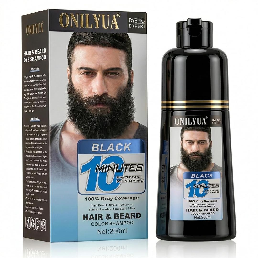 Mens Beard & Mustache Dye Shampoo, Instant 100% Grey Hair Coverage, 3 in 1 Black Beard Color Shampoo for Men Facial Hair, Easy to Use & Dermatologist Tested, 200ML