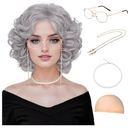 Guree Hair Old Lady Wigs for Women, Grey Wigs for Granny Grandma Costume-Gray Wig, Wig Cap, Madea Granny Glasses, Eyeglass Retainer Chain, Pearl Necklace (5pcs Set)