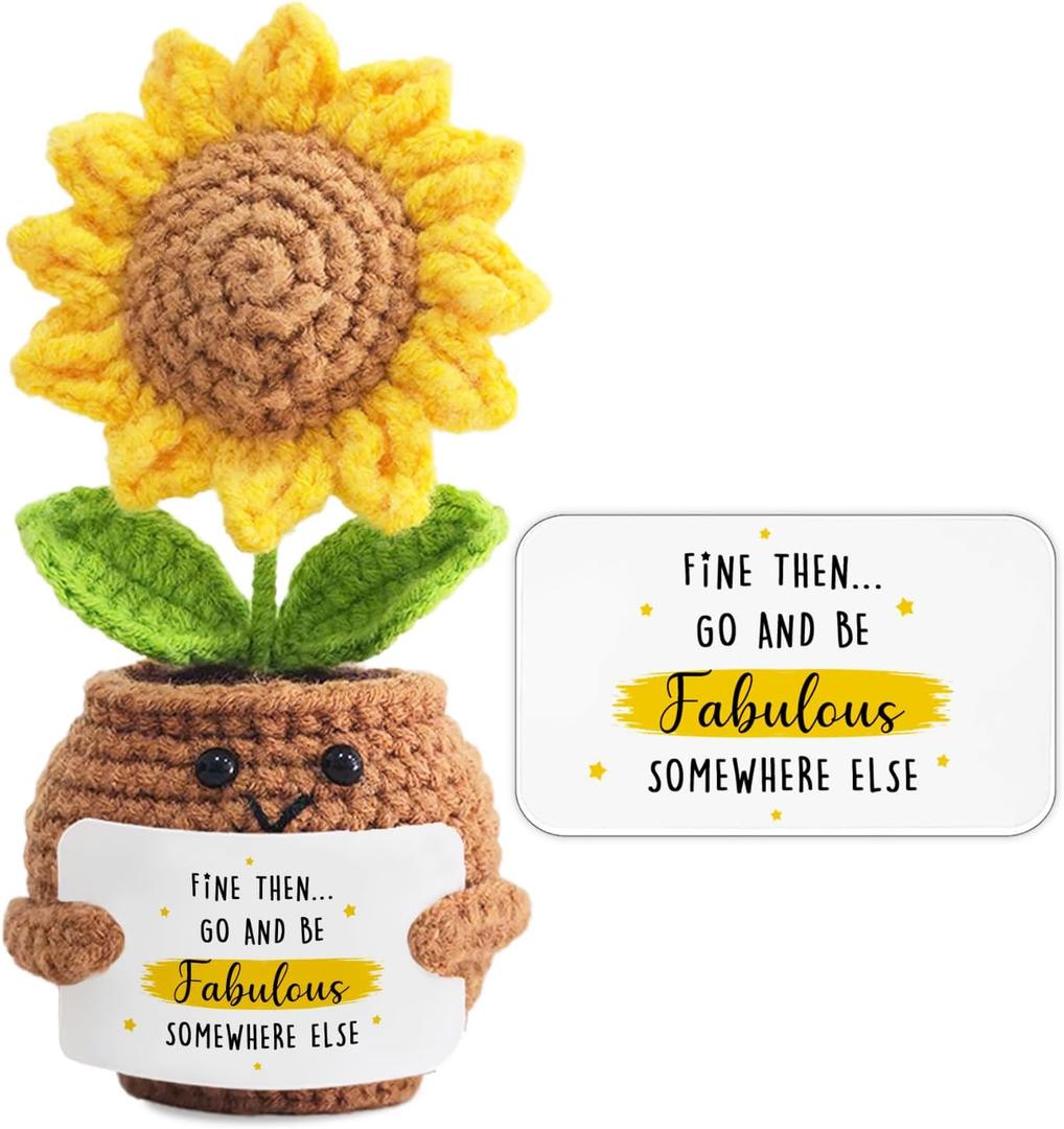 Handmade Positive Sunflower Doll Crochet with Card - Women Coworker Appreciation Gift - Retirement, Farewell, Goodbye, Leaving, Going Away Gift for Coworker - Fine Then and Go Fabulous Somewhere Else
