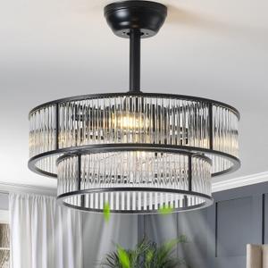 20" Black Crystal Chandelier Ceiling Fan, Black Caged Fandelier Ceiling Fan with Light, Modern Crystal Style 6-Speed Chandelier for Bedroom, Living Room, Nursery, Foyer.
