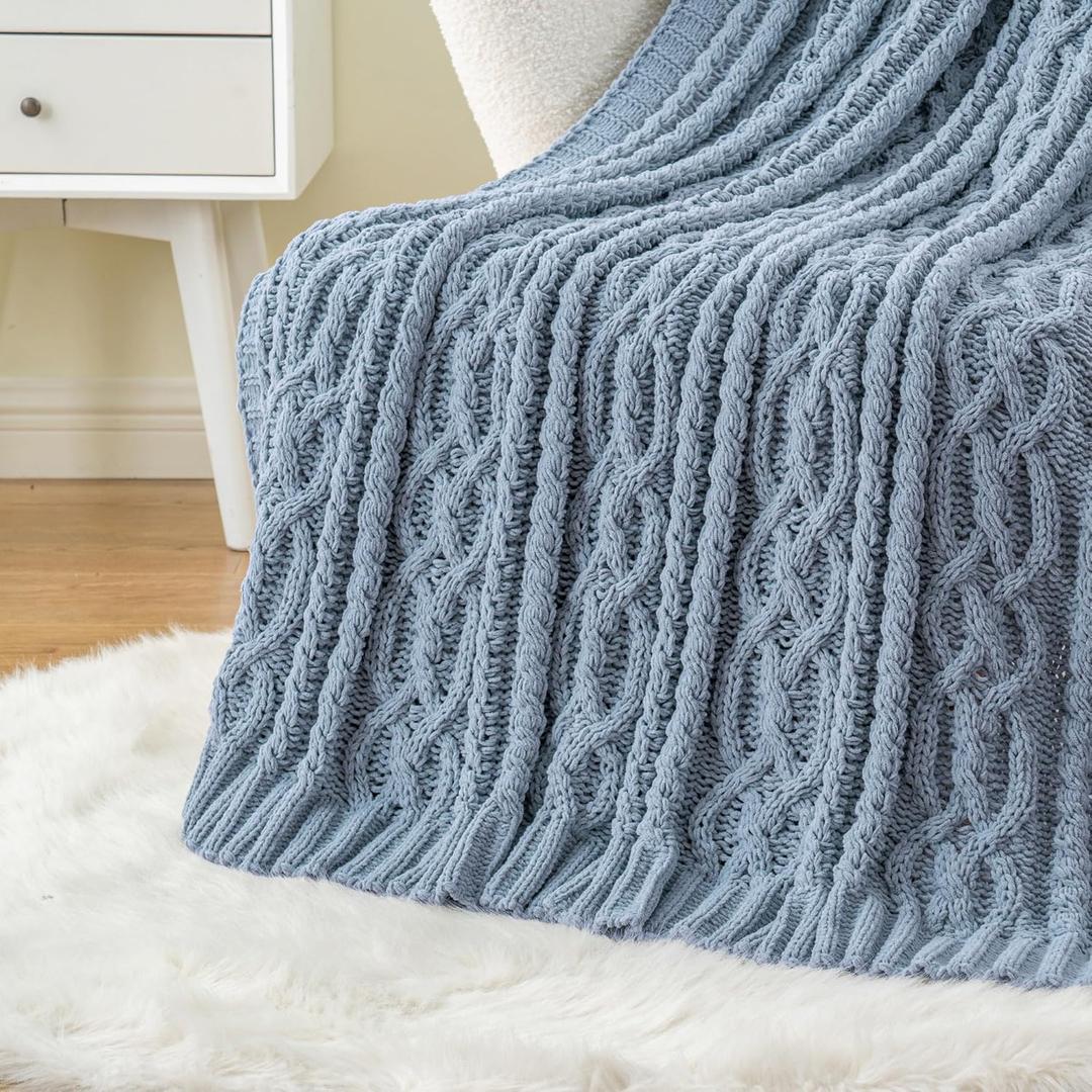 Battilo Bluish Grey Throw Blanket for Couch,51"x67", Super Soft Warm Cozy Chenille Knit Blankets for Bed, Sofa, Chair, Gift, Texture Decorative Boho Blanket for Living Room (Dusty Blue)