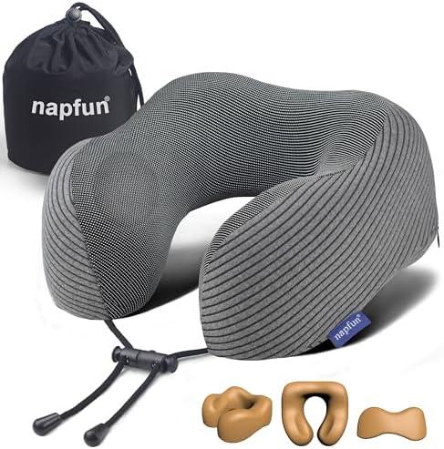 Napfun Neck Pillow for Traveling, Upgraded Travel Neck Pillow for Airplane 100% Pure Memory Foam Travel Pillow for Flight Headrest Sleep, Portable Plane Accessories, Dark Gray
