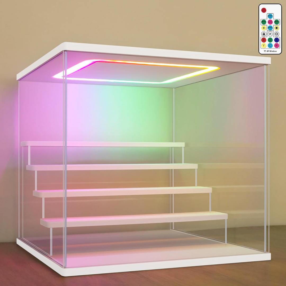 NONEMEY Clear Acrylic Display Case with Light ,3/4/5/6 Tier Multiple Color Lights via Remote Control Dustproof Display Box for Collectibles Figures Mini Toys (5Tier 12.4*12.2*12inch )
