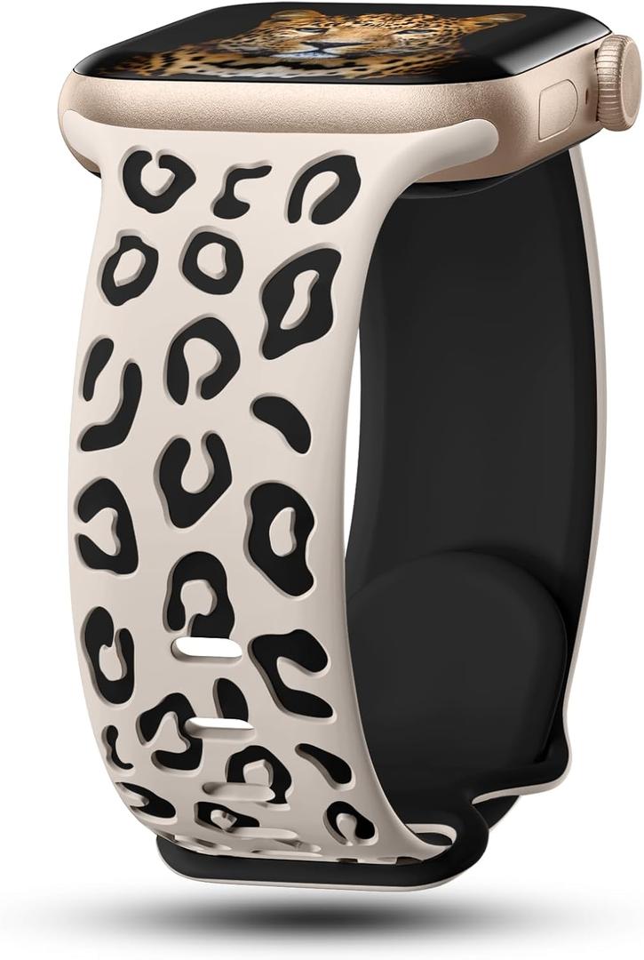 CreateGreat Engraved Leopard Bands Compatible with Apple Watch Band 40mm 41mm 38mm 42mm 44mm 45mm 46mm 49mm Women, Silicone Cheetah Designer Strap for iWatch Series 10 9 8 7 6 5 4 3 2 SE Ultra (Starlight & Black)