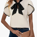 Verdusa Women's Contrast Binding Tie Neck Petal Sleeve Work Blouse Top M