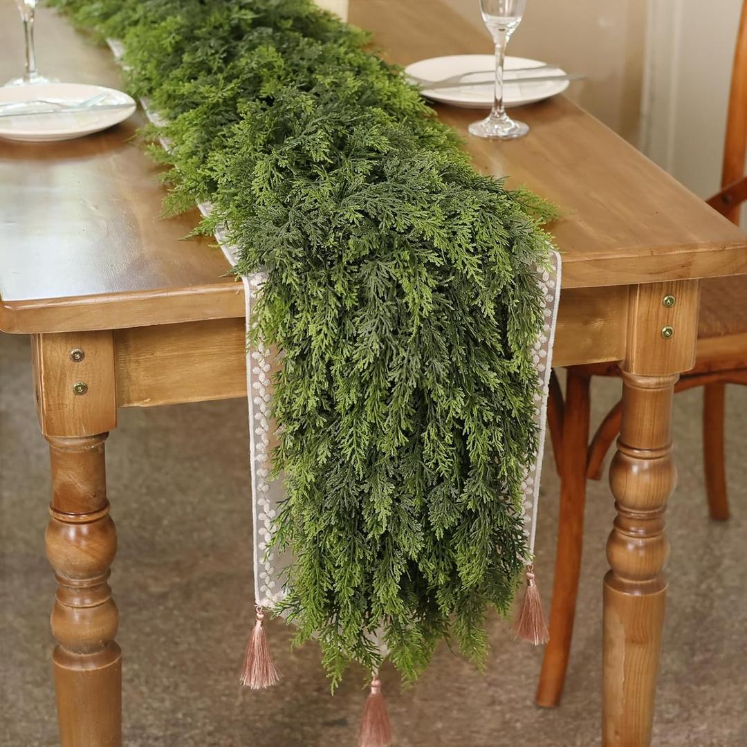 6FT Real Touch Cedar Garland - Artificial Christmas Garland Fake Green Faux Thick and Lush Pine Needles Garlands for Table Fireplace Mantle Holiday Home Indoor Outdoor Decor