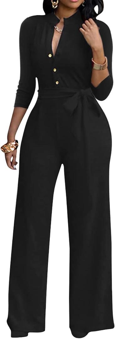 LalaLin Sexy 3/4 Sleeve Jumpsuit for Women V Neck High Waisted Long Wide Leg Pant Button Down Party Romper with Belt (Large)
