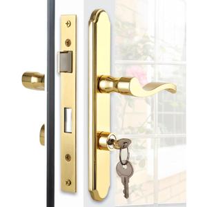 Flat Slot Storm Door Handle Complete Set, Mortise Keyed Lever Mount Latch with Deadbolt for Screen and Storm Doors (Bright Gold)