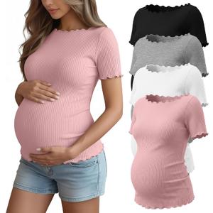4 Pack Women's Maternity Ribbed Shirts Pregnancy Knit Short Sleeve Tops Boat Neck Lettuce Trim Summer Mama Clothes (White, XXL)