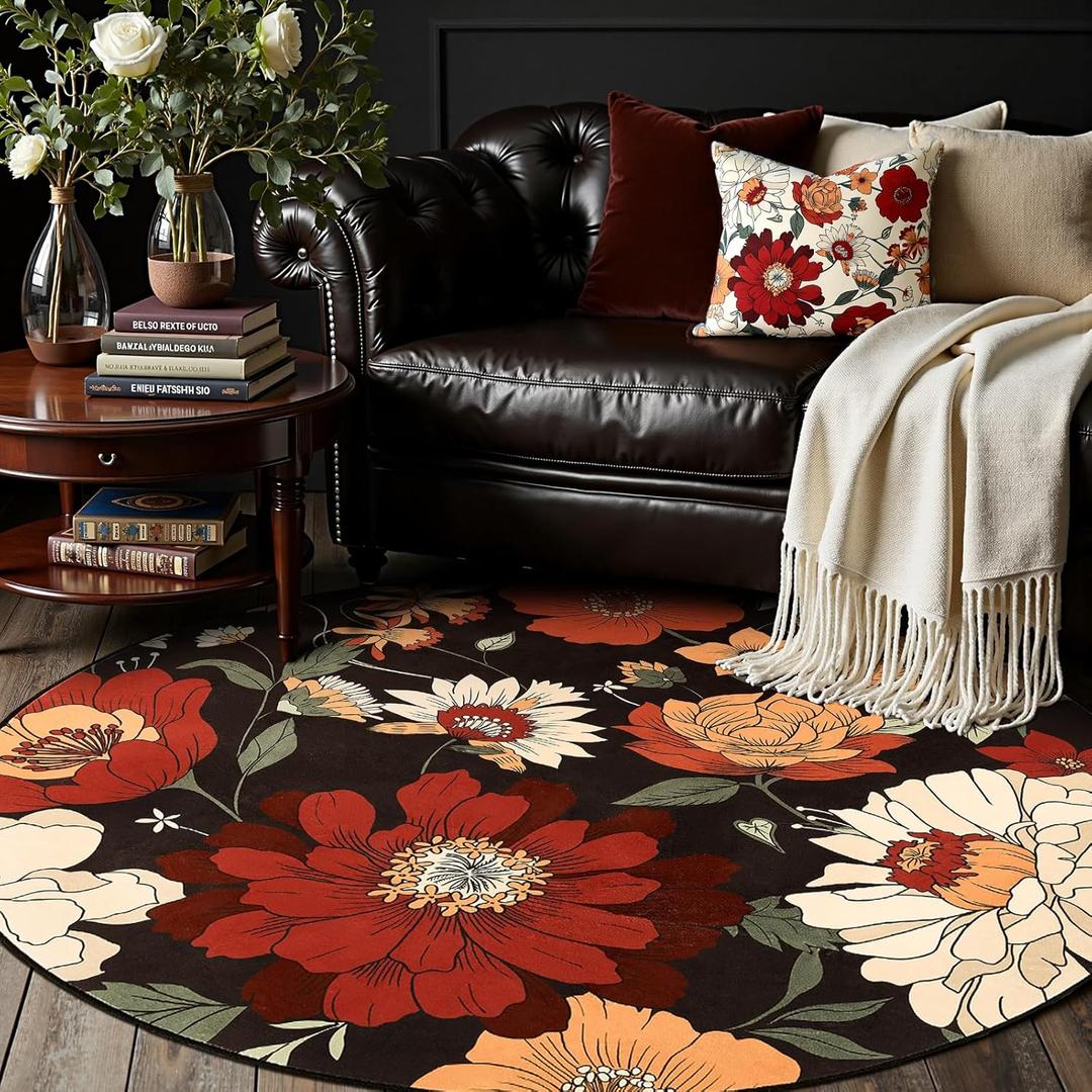 Jjinchan Lora Black Round Rug 5ft Vintage Floral Area Rugs for Entryway Washable Rug Soft Non-Slip Indoor Boho Flower Print Circle 5' Round Accent Carpet for Bedroom Living Room Dining Room Home Office