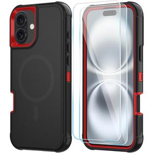 SunStory Magnetic for iPhone 16 Case with HD Screen Protector, Compatible with MagSafe, 3-Layer Heavy Duty Full-Body Cover, 3 in 1 Hybrid Protective Case for iPhone 16 6.1",BlackRed