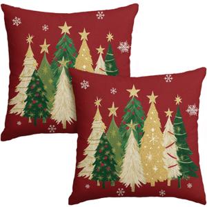 AVOIN colorlife Christmas Trees Star Red Throw Pillow Covers Set of 2, 18 x 18 Inch Snowflake Seasonal Winter Holiday Cushion Case Decoration for Sofa Couch