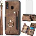 Phone Case for Samsung Galaxy A20 A30 Wallet Cover with Tempered Glass Screen Protector and Wrist Strap Lanyard RFID Credit Card Holder Ring Stand Cell Accessories M10s A 30 20A SM A205G Women Brown
