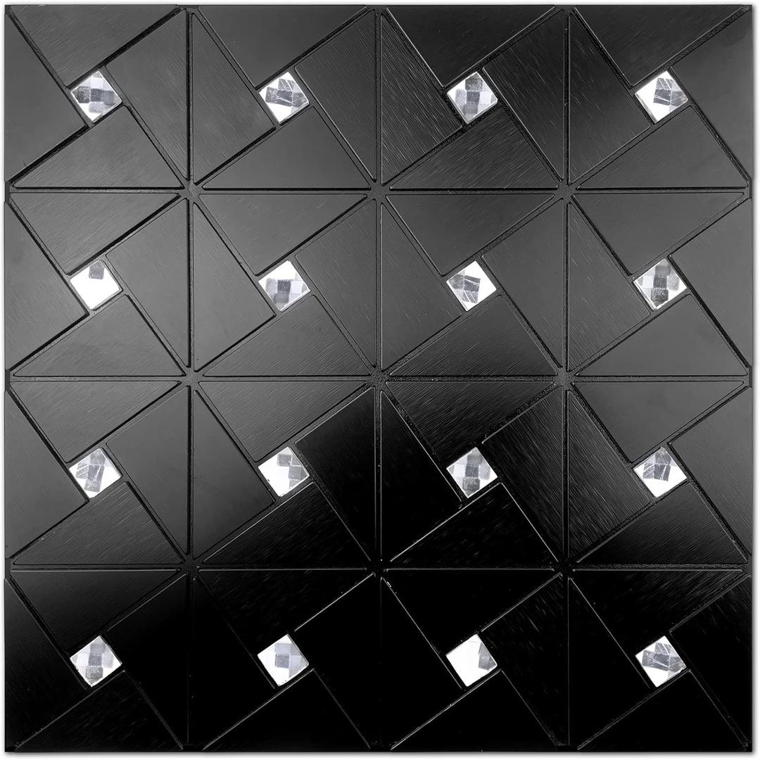Tile Peel and Stick Backsplash Tile - Metal Tile Stick on Backsplash for Kitchen and Bathroom Black Windmill Puzzle Glass Mixed Self Adhesive Mosaic Tiles(12"x12"x10 Sheets)