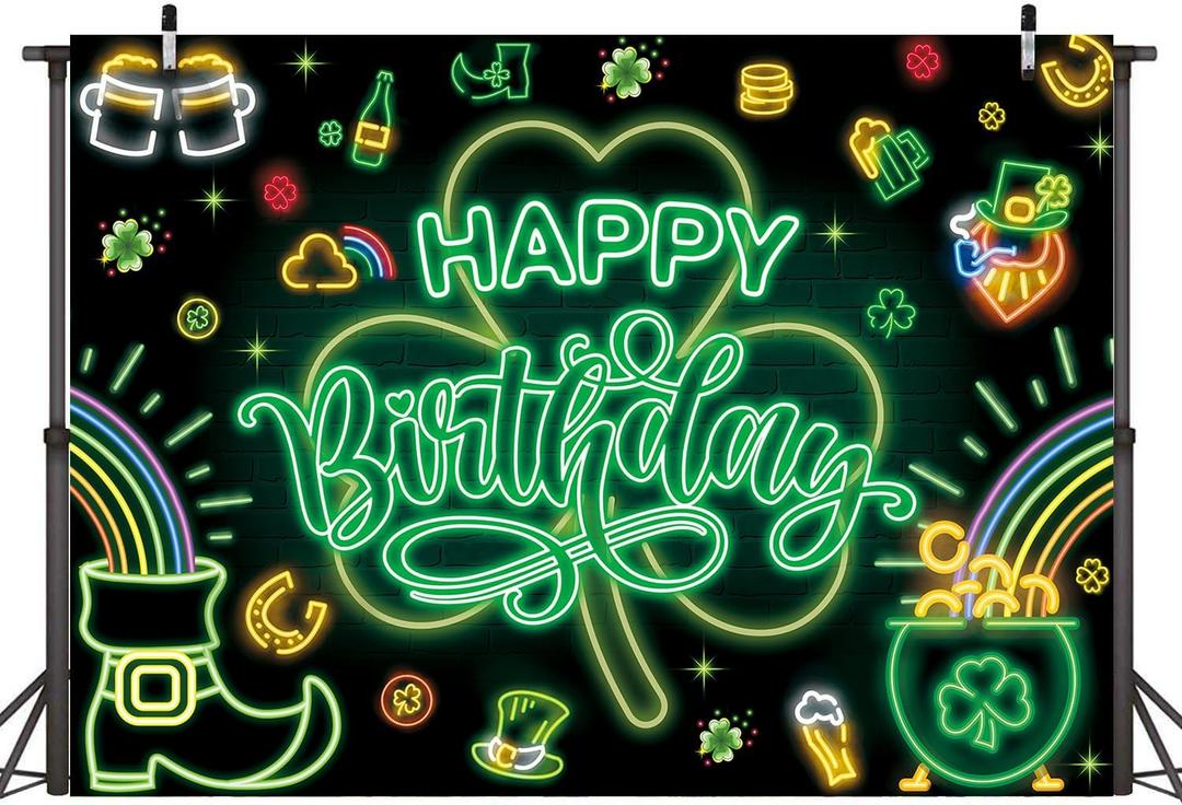 St. Patrick's Day Happy Birthday Backdrop Neon St. Patrick's Day Birthday Photography Background Ceremony Party Holiday Decoration (7x5ft)