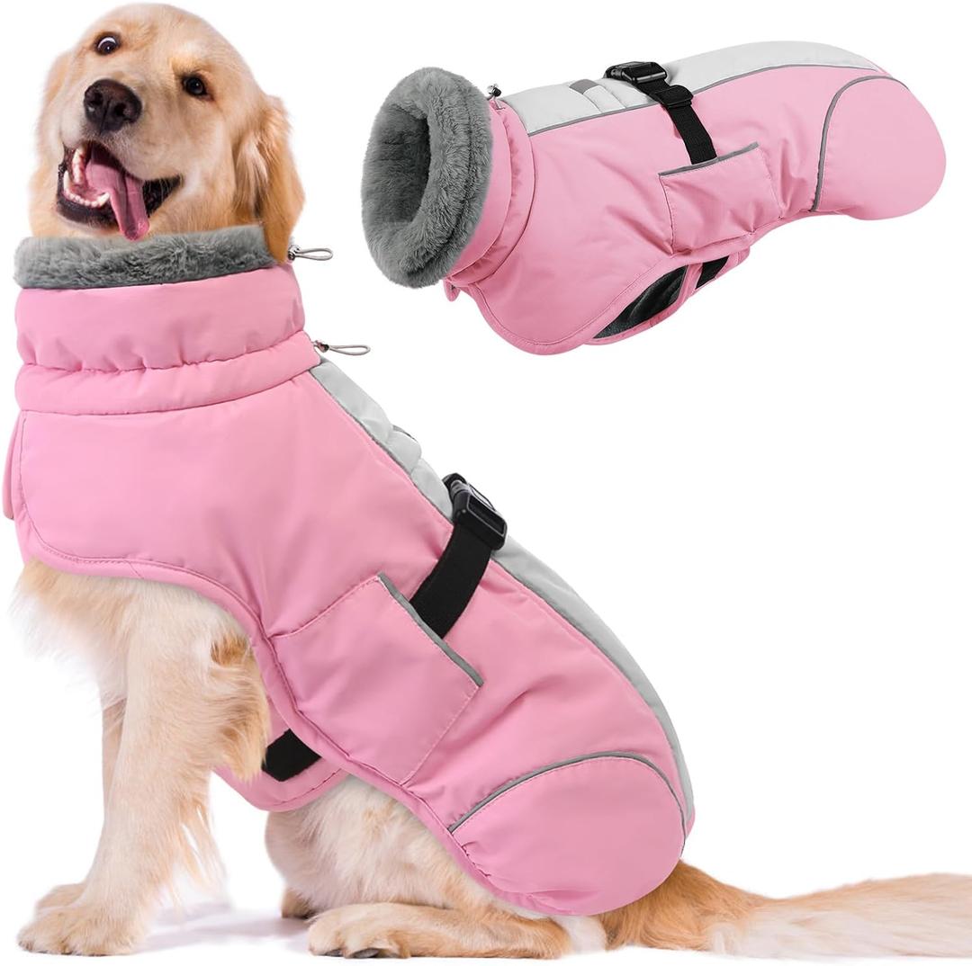 Queenmore Dog Jackets for Large Dogs, Fleece Dog Coats, Windproof Winter Large Breeds Jacket Winter, Reflective Pet Jackets, Pink, XXXL