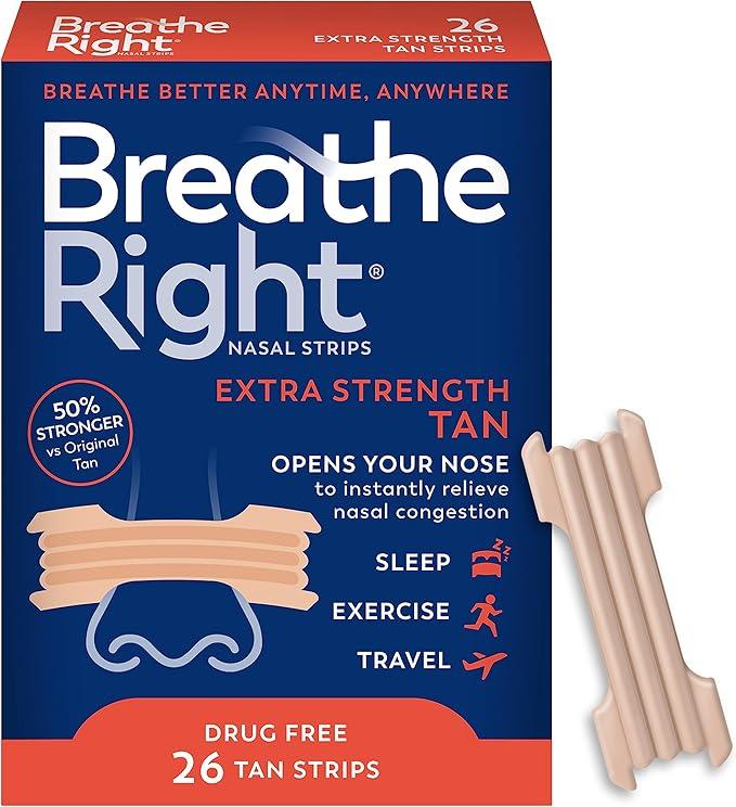 Breathe Right Nasal Strips Extra Strength Tan Nasal Strips Help Stop Snoring DrugFree Snoring Solution & Instant Nasal Congestion Relief Caused by Colds & Allergies 26ct