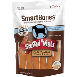 SmartBones Stuffed Twistz with Peanut Butter 6 Count, Rawhide-Free Chews for Dogs, No Artificial Preservatives or Flavors Added (SBST-00300) (EXP 03/13/28)