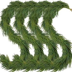 4 Pcs Artificial Norfolk Pine Garlands Christmas, 9 FT Dense Real Touch Winter Pine Garland Ornament, Green Artificial Greenery Garland for Table, Mantle, Wall, Indoor, Outdoor Christmas Decorations