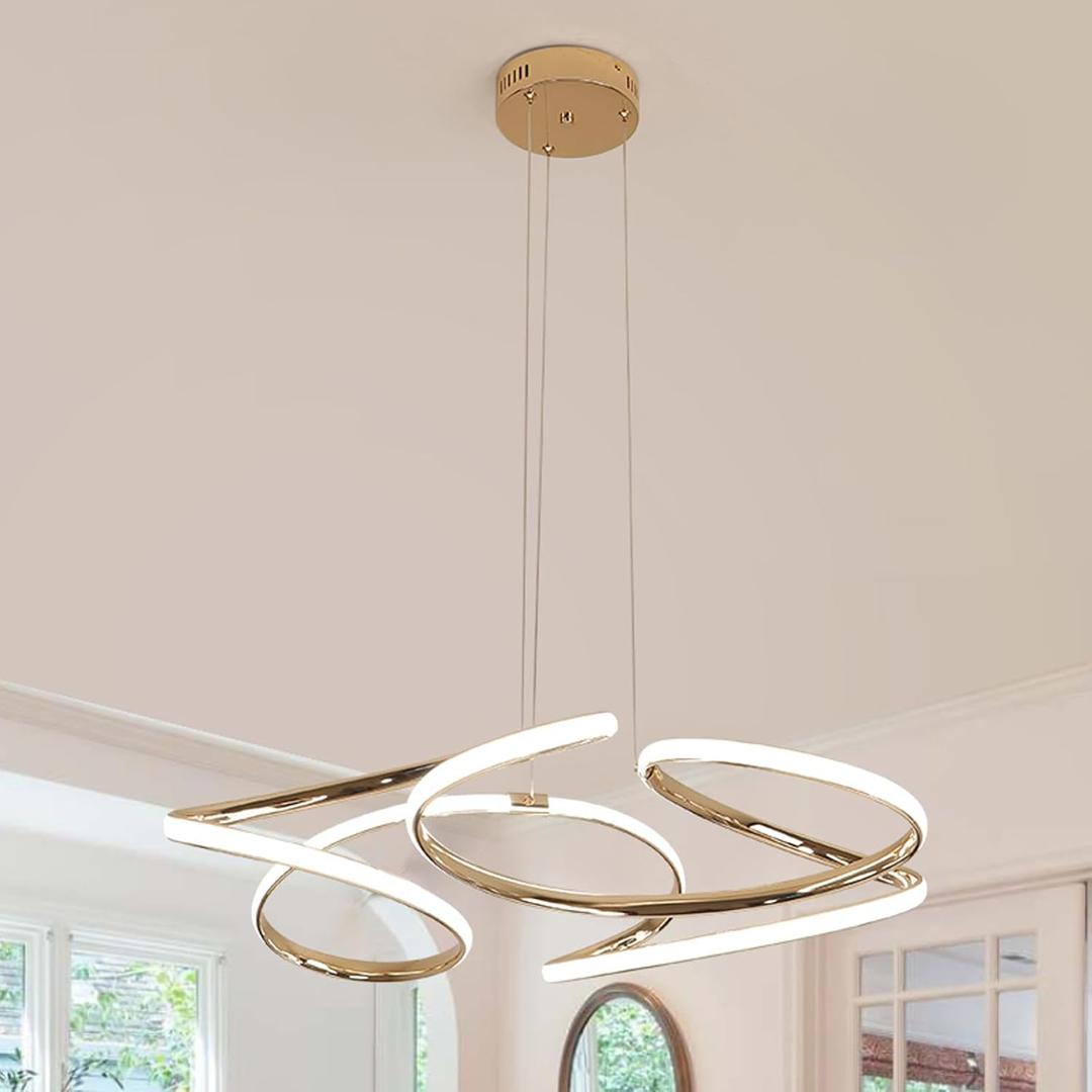 28 inch Modern Chandelier for Dining Room, Kitchen Chandelier & Entryway, Dimmable LED Pendant Light with Adjustable Height, 37W for Hallway, Living Room, Bedroom (Gold L)