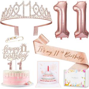 11th Birthday Decorations for Girls, 11th Birthday Sash and Crown, Pop Up Card, Cake Topper, Number Candles and Balloons, 11 Year Old Gifts for Girls