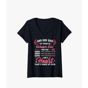 And God Said Let There Be October Girl Who Has V-Neck T-Shirt, M