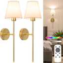 NIORSUN Battery Operated Wall Sconce Set of 2,Gold Rechargeable Wall Lights with 5200mAh Dimmable Bulbs and Remote,10 Colors Wireless Wall Lamps for Bedroom Living Room Hallway Decor