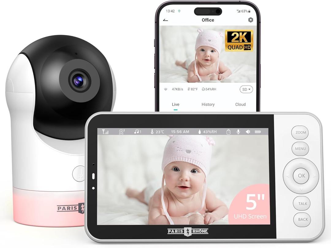PARIS RHNE Video Baby Monitor, 2K UHD WiFi Camera, Night Vision, 5 Smart Baby Monitor with App Control, Motion and Cry Detection, AI Tracking, Three-Way Audio, RGB Night Light, Lullabies (White)