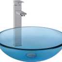 Bathroom Vessel Sink, Tempered Glass Vanity Round Bowl, Clear Blue, 16.5 x 5.5 inches