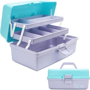 12-inch Three-Layer Multipurpose Storage Box Organizer Folding Tool Box/Art & Crafts Case/Sewing Supplies Organizer/Medicine Box/Family First Aid Box with 2 Trays (Purple Blue)