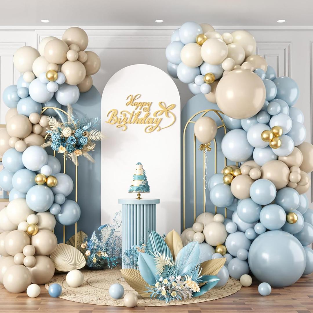 Dusty Blue Balloon Arch Kit,122Pcs Light Blue Sand White Metallic Gold Matte Balloons for Kids Boy Baby Shower Decorations Wedding Graduation Bridal Engagement Birthday Party Supplies