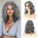 Baruisi Curly Wavy Grey Wigs for Women Medium Long Synthetic Modern Cosplay Hair Wig