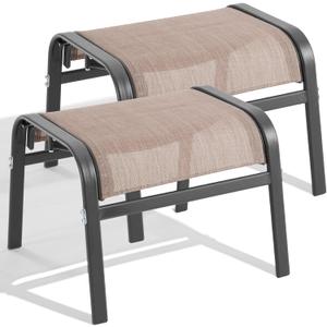 ONBRILL Outdoor Ottoman Set of 2, All Weather Outdoor Foot Stool with Supportive Textliene and Metal Frame, Stackable Oversized Outdoor Foot Rest for Furniture Patio Garden Pool, Brown