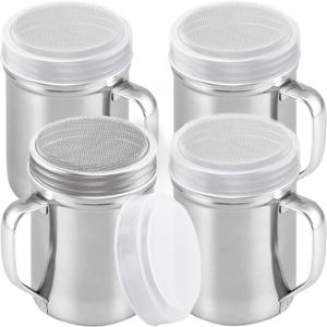 CUSINIUM 14 Ounce Powdered Sugar Shaker Duster With Handle - Fine Mesh - With Plastic Cap - Pack of 4 (Silver)