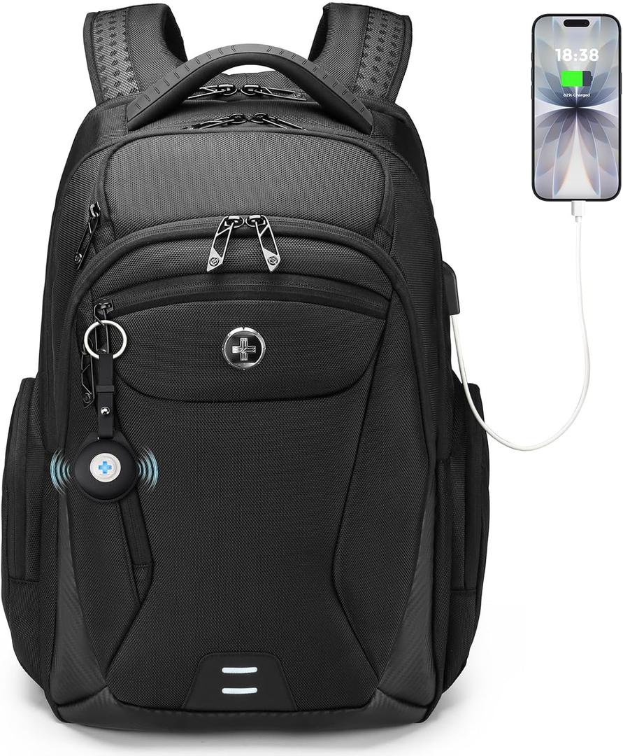 Swissdigital Design Men's Laptop Backpack with Apple Find My, Business Travel Backpack with USB Charging Port and RFID Protection, Work Backpack Fits 15.6 inches Computer,Black| SD16959508F-01