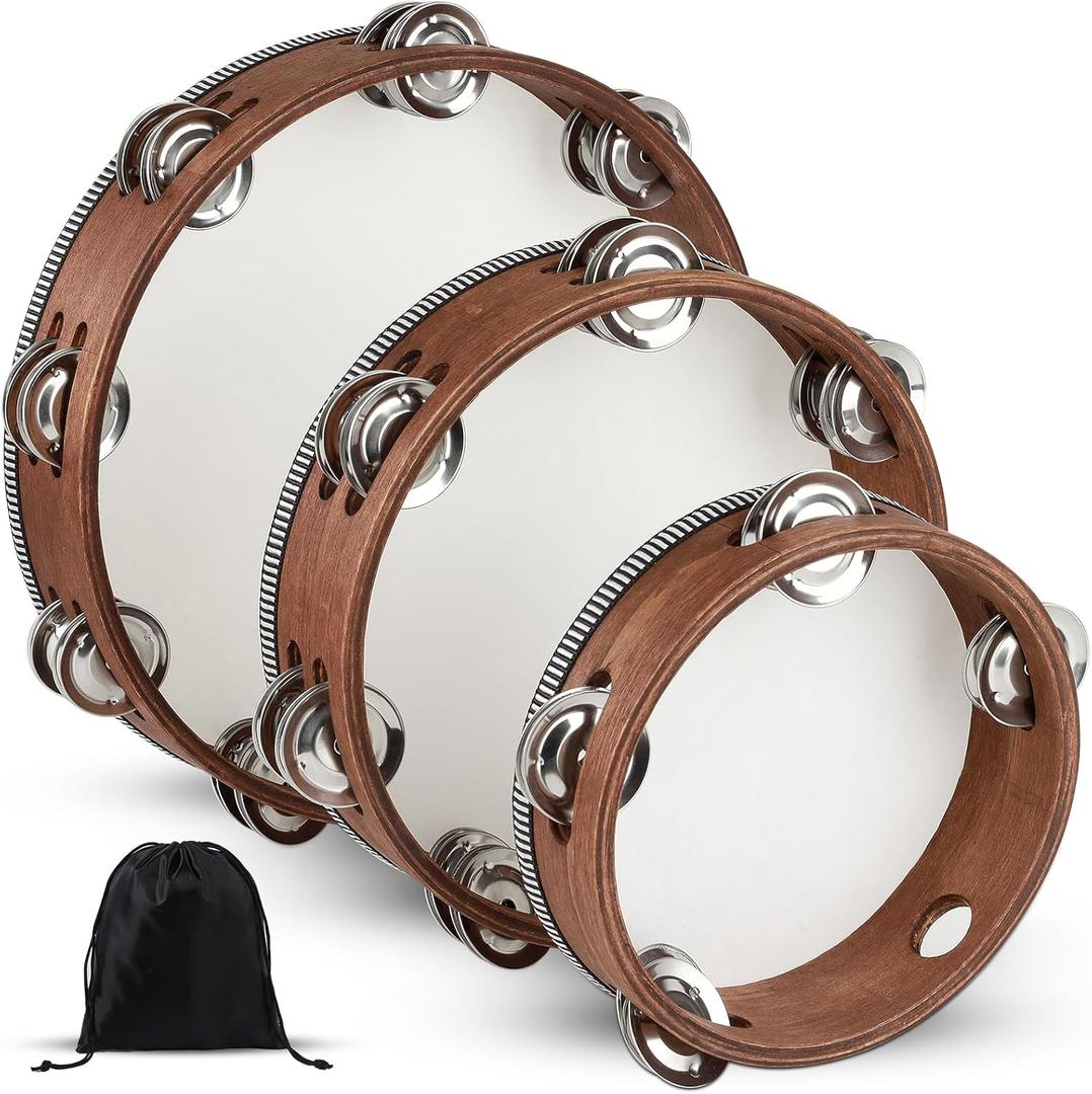 Wooden Hand Held Percussion Tambourine with Storage Bag - 6+8+10 Inches, Ideal for Church, Wedding, Party, Dance, Photo Shoot (6"+8"+10")
