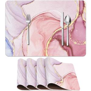 Faux Leather Placemats Set of 4, Marble Watercolor Vintage Pink Girl Cute PU Placemat for Ding Table Heat-Resistant Non-Slip Table Place Mats for Party Coffee Bar,12×17 Inch