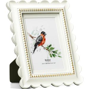 5x7 Off-White Scalloped Picture Frame with Gold Beaded Trim, Resin with Real Glass, Matted to 4x6, Vertical and Horizontal for Tabletop or Wall Hanging