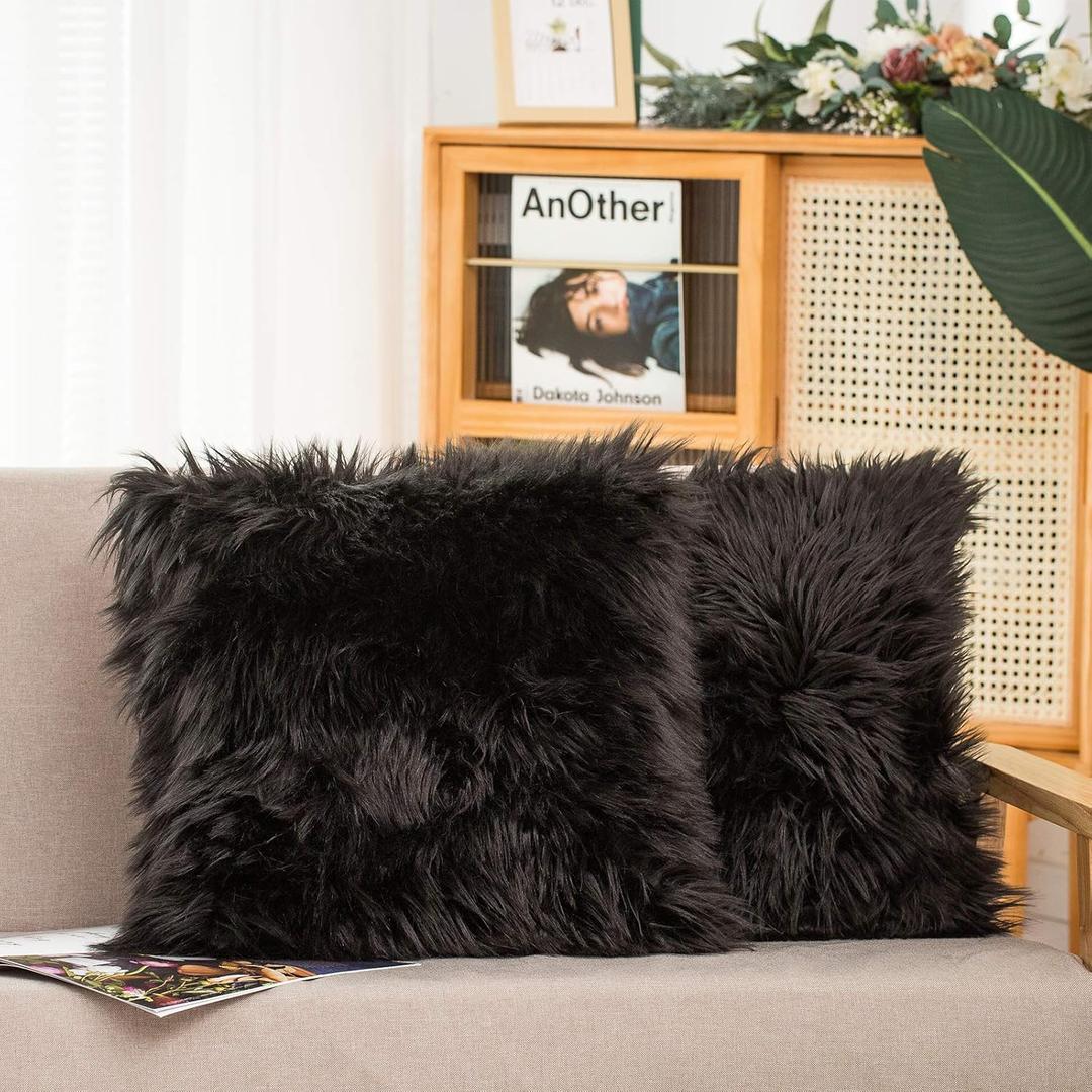 HYSEAS Set of 2 Decorative Faux Fur Throw Pillow Covers, Black Fluffy Soft Fuzzy Square Cushion Cover Pillow Case for Sofa, Couch, Chair, Bed, Cafe, 20 x 20 Inches
