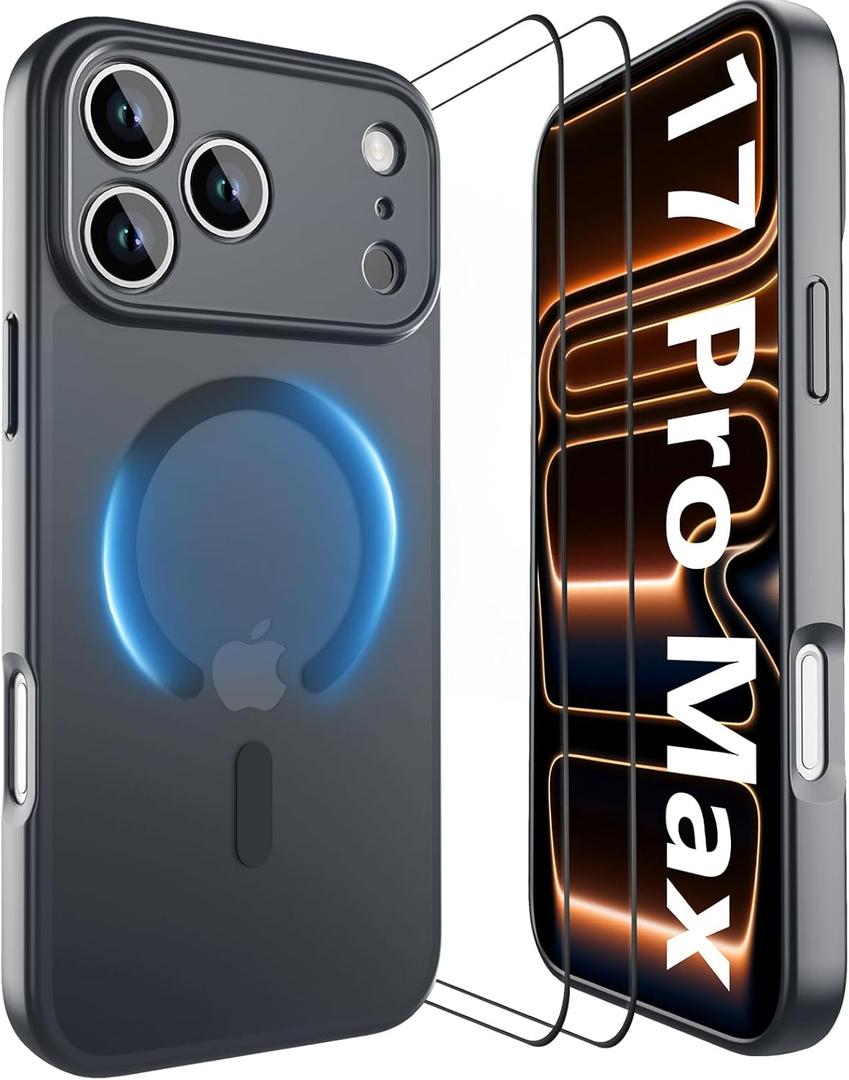 YFEMLAZ Magnetic for iPhone 17 Pro Max Case,with Screen Protectors X2,Full Camera Protection,Compatible with MagSafe,Translucent Matte,Anti-FingerprintShockproof Protective Phone Case,6.9",Black