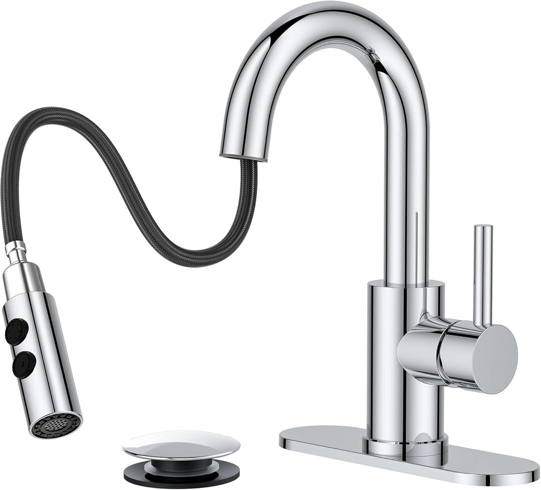 FORIOUS Chrome Bathroom Faucet with Pull Down Sprayer, Single Hole Bar Sink Faucet 1 Hole with Pop Up Drain Hose, Suitable for Bathroom, RV,Vanity, Restroom & Utility Sink