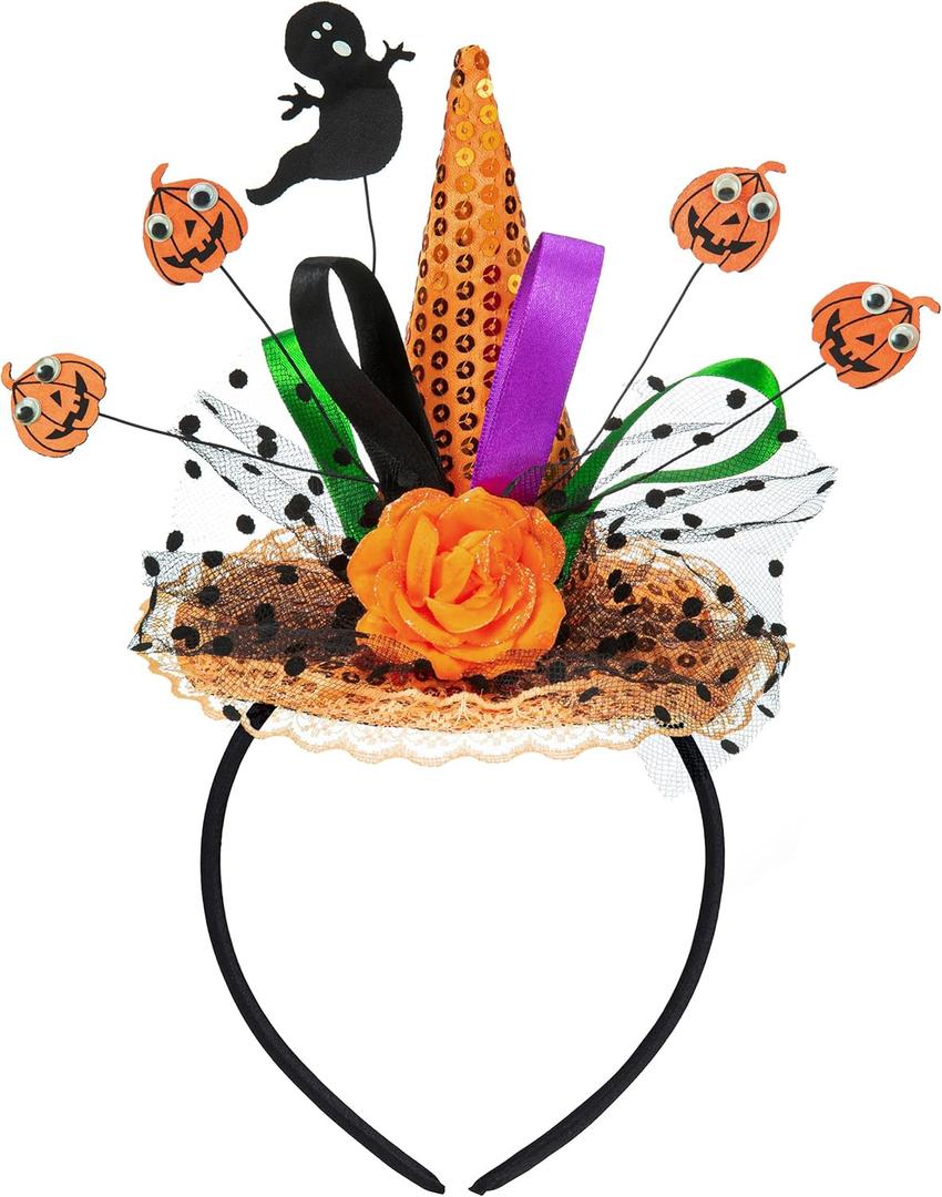 Edoneery Halloween Witch Hat Headband for Women, Fancy Dress Wizard Costume Hair Accessory with Veil for Cosplay Parties