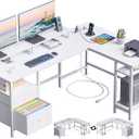 Furologee White 59 L Shaped Desk with Power Outlet, Reversible Computer Desk with File Drawer & 2 Monitor Stands, Corner Home Office Table with Storage Shelves for Gaming Writing