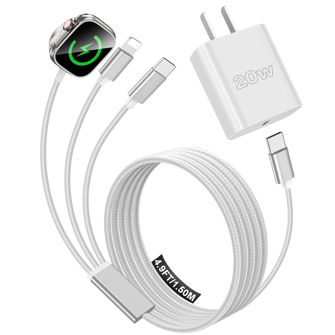 Travel Essentials for Apple Watch Charger,iPhone Charger,Type C Multi Fast Charging Cable Cord with 20W Charger Block,Portable Designed for iWatch 11-2,iPhone 17-11,Galaxy 25,Home,Office-5FT