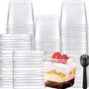 Nuogo 100 Pack 12 oz Plastic Dessert Parfait Cups with Lids Fruit Appetizer Cups with 100 Packs Sporks Square Clear Appetizer Containers Bowls Disposable for Pudding Cake Mousse