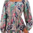 Womens Square Neck Floral Long Sleeve Tops Casual Loose Puff Sleeve Boho Work Blouse T Shirts (Medium, C1002)