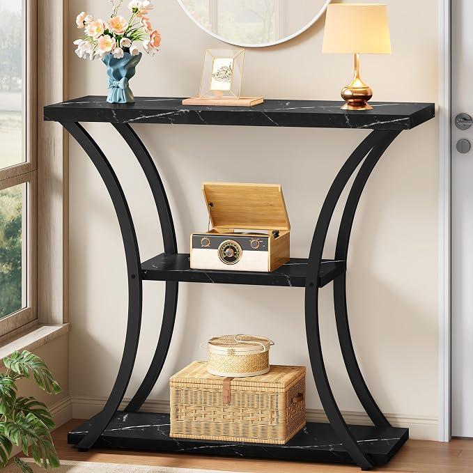 Hoctieon 3 Tier Console Table with Open Wood Shelves, Decorative Entryway Table with Curved Metal Frames, Narrow Sofa Table for Entrance, Living Room, Hallway, Black Marbled, 
Product Dimensions	11.81"D x 31.5"W x 31.5"H