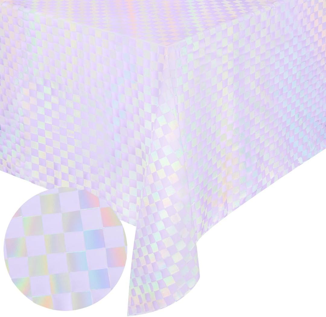 XO, Fetti Purple + Iridescent Checkered Washable Tablecloth - 9 ft. | Unicorn Birthday Party Decorations, Pink Girl Table Cloth, Y2K ERAS Decor, Pastel Table Cover (70" x 40" (Rectangular))