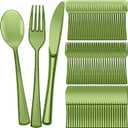 Minatee 150 Pieces Disposable Cutlery Set Plastic Silverware Heavy Duty Utensil Sets 50 Forks 50 Knives 50 Spoons for Home Office School Party Picnics Restaurant Outdoor Events(Olive Green)